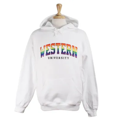 White hood with front pocket. Appliqued rainbow 'Western' and embroidered 'University' in black.