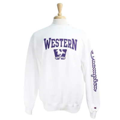 White Champion screw neck with Western and Mustangs logo screen printed on the front and Champion down the sleeve.