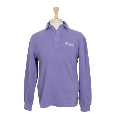 Purple dyed rugby shirt with Western and Crest embroidered on the left chest.