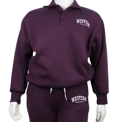 Blackberry purple sweatshirt with buttoned collar and "Western University" embroidered on the left chest.