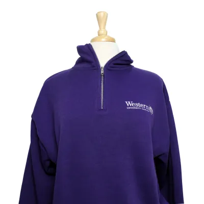 Purple 1/4 zip with Western University and Crest embroidered on the left chest. 