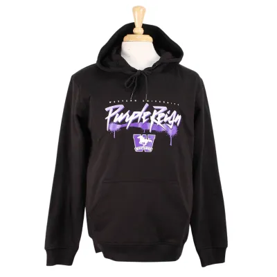Black hood with front pockets. 'Western University Purple Reign' and Mustangs logo screened in white and purple.