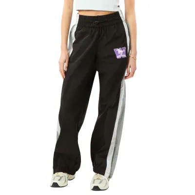 Black windbreaker pants with stripes along the sides. Mustang logo on the left leg.