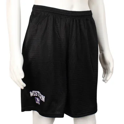 Black mesh champion shorts with adjustable draw string and pockets. 'Western' and W logo in purple and white on left leg.