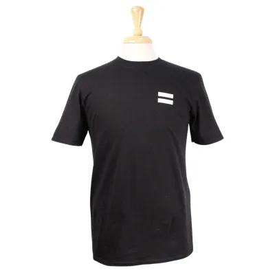 Black tee with screen printed equal sign on the left chest and script on the back.