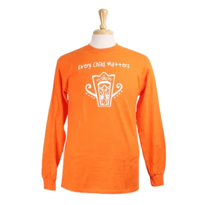Orange long sleeve tee shirt with Every Child Matters graphic.
