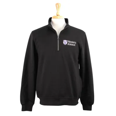 Black 1/4 zip with 'Western Alumni' and crest embroidered in purple and white on left chest.