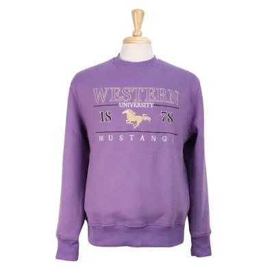 Purple vintage crewneck with Western University Mustangs vintage graphic design on the front in black, white and gold.