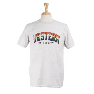 Grey heather pride t-shirt with 'Western University' screened in rainbow colours.