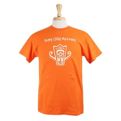 Orange tee shirt with Every Child Matters graphic.