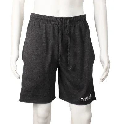 Charcoal grey sweat shorts with drawstring waist. Western and crest logo on the left leg.