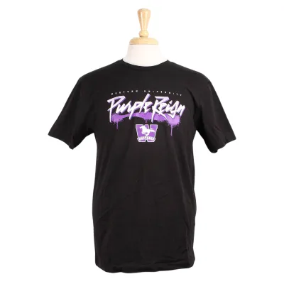 Black t-shirt with 'Western University Purple Reign' and Mustangs logo screened in white and purple.