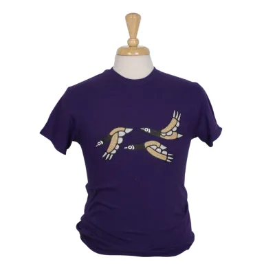 Purple tee shirt with Indigenous art goose graphic printed on the front.