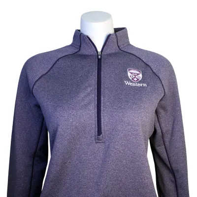 Purple heather fleece 1/2 zip long sleeve with Western Crest logo on the left chest.