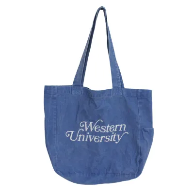 Retro tote bag with "Western University" script embroidered on the front. Available in four colour options.