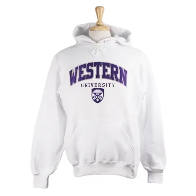 White hood with front pocket. Purple and grey 'Western' twill font and sublimated crest appliqued in white and purple. 'University' embroidered in purple.