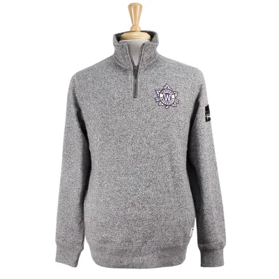 Salt and Pepper Roots 1/4 zip. Embroidered western university leaf felt patch on left chest and 'Roots' logo on left arm. 