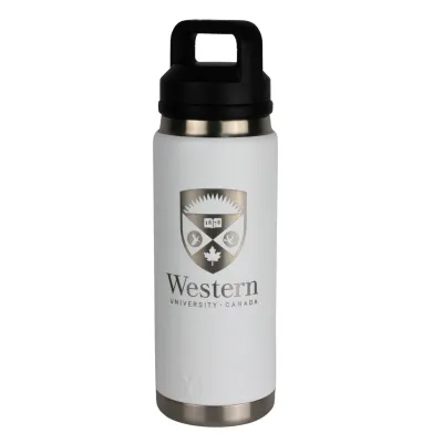 White rambler bottle with chug cap. 769ml capacity. Engraved Western Crest logo on the front.