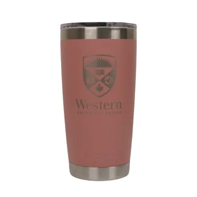 Sandstone pink rambler tumbler with MS lid. The Western Crest logo is engraved on the front. 591 ml capacity.