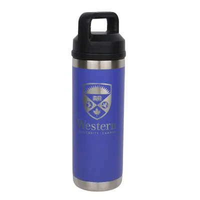 Ultramarine violet rambler with chug cap. The Western Crest is engraved on the front. 532 ml capacity.