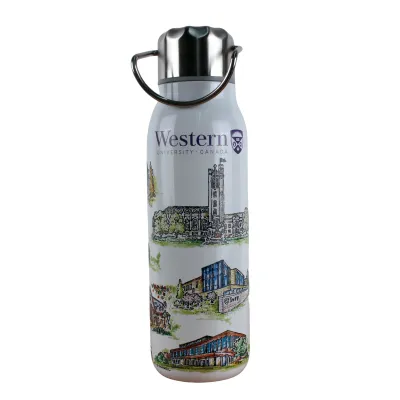 White bottle with sketched graphics of Western's buildings printed along the bottle. Lid with handle.