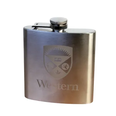 Stainless steel flask with the Western Crest logo engraved on the front. 60 oz capacity.
