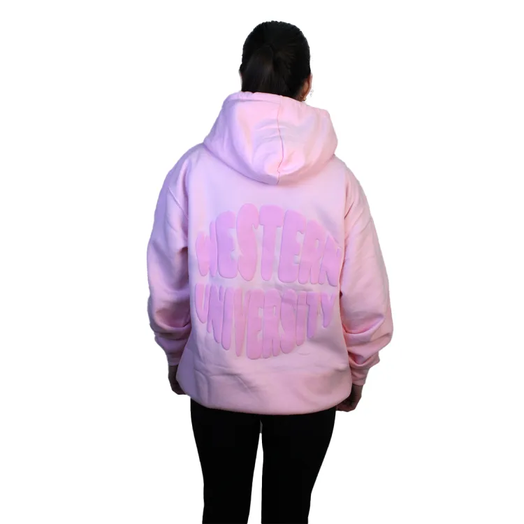 Light pink hoodie that shows the back side of the garment with puff print bubble lettering that reads "Western".