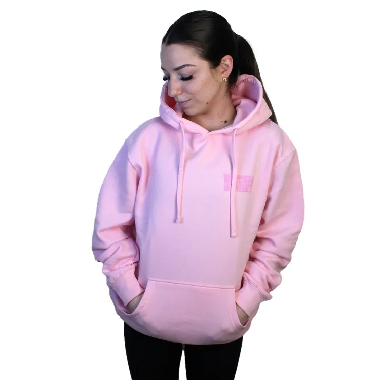 Light pink hoodie with medium pink lettering that says "Western" on the left chest.
