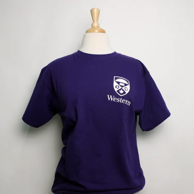 Purple tee with a white screen printed Western crest logo on the left chest side.