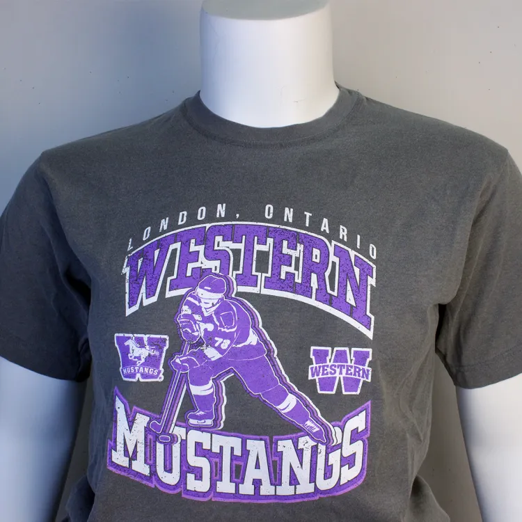 Grey tee with Western Mustangs Hockey logo screen printed on the front.