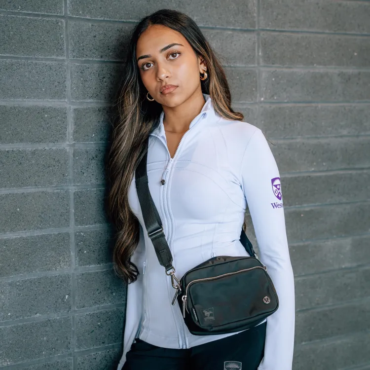 student in define jacket with crossbody lululemon bag