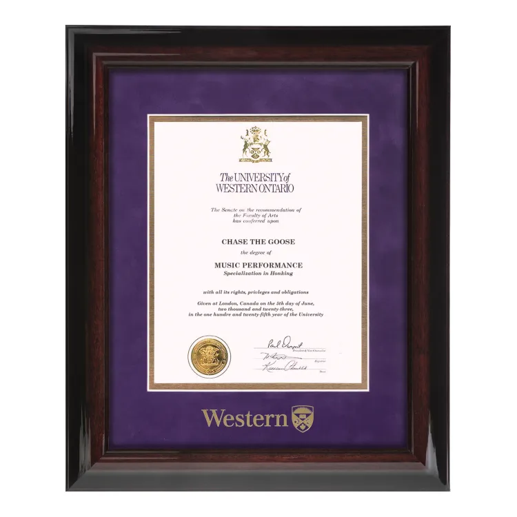 Executive frame with purple and gold mating with Western etched in gold.
