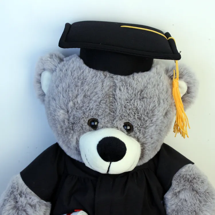Silver teddy bear with a graduate cap, gown and diploma.