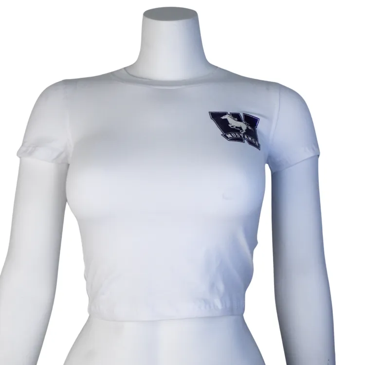 White baby tee with Mustangs logo on left chest in sparkles.