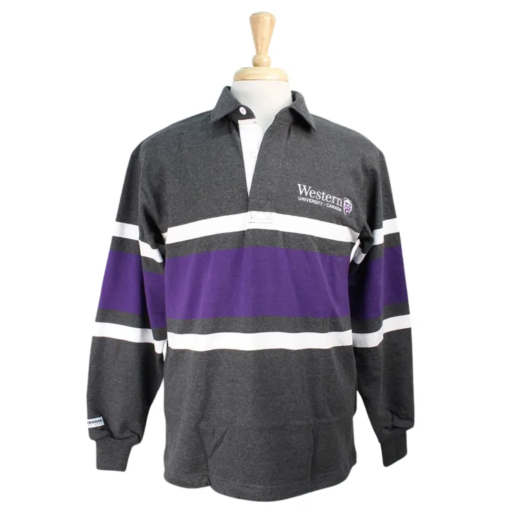 Grey, purple and white striped rugby shirt with collar and cuffed sleeves. Western University logo on left chest.