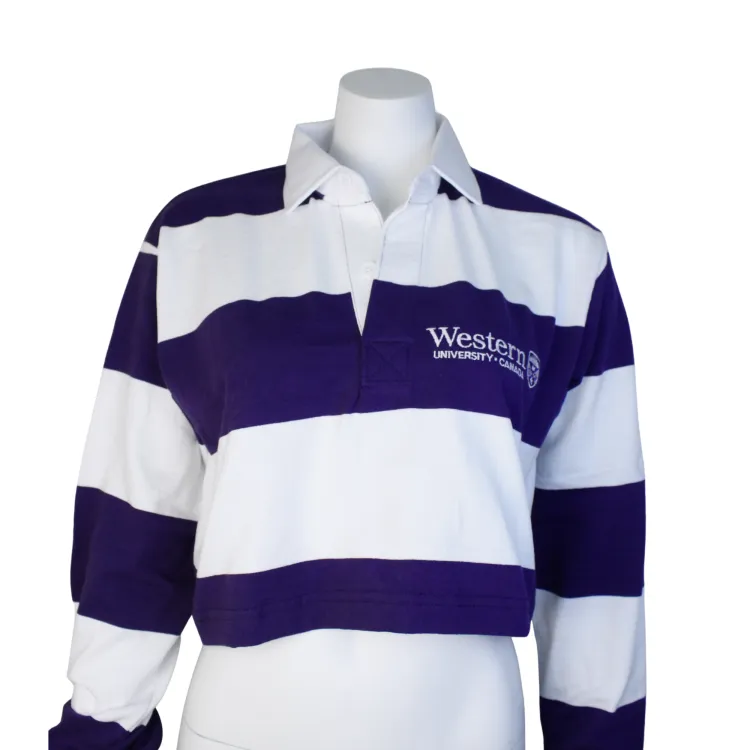 Cropped rugby polo with purple and white stripes and Western University embroidered on the left chest.