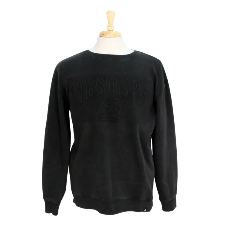 Black crew neck with embossed Western and Mustangs logo on the front.