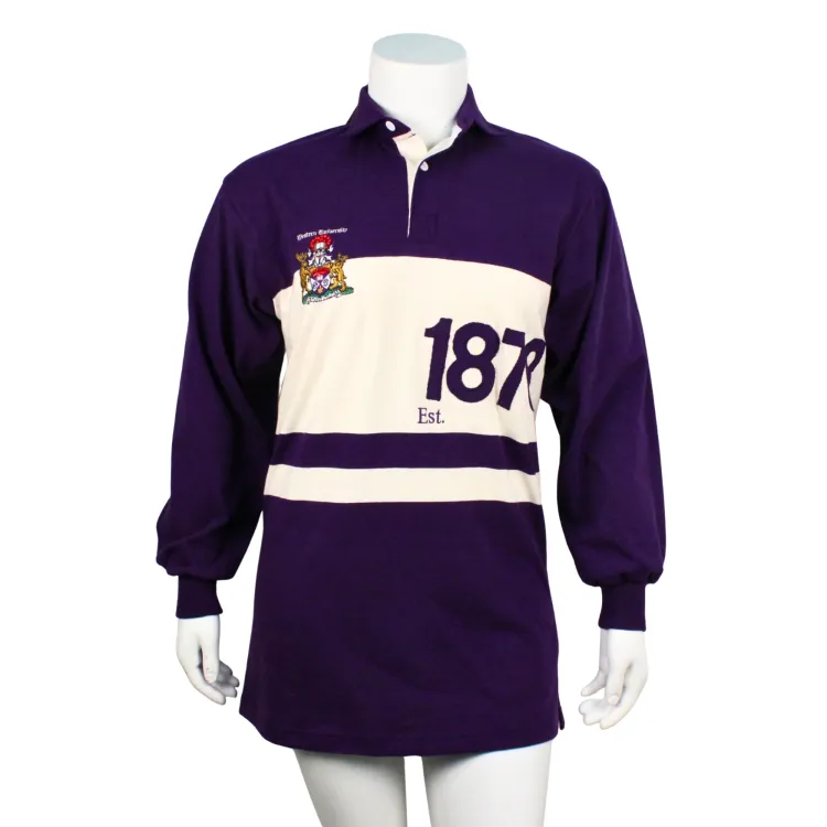 Vintage rugby dress with purple and white stripes and the vintage crest on the right chest. Est. 1878 on left bodice.