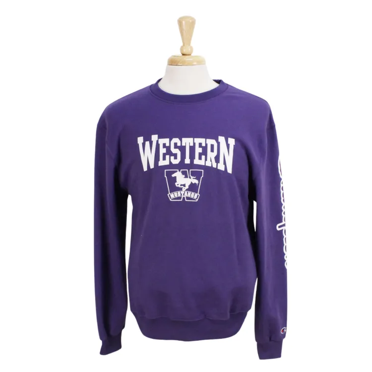 Purple Champion crew neck with Mustangs logo screen printed on the front. Champion printed along the left sleeve.
