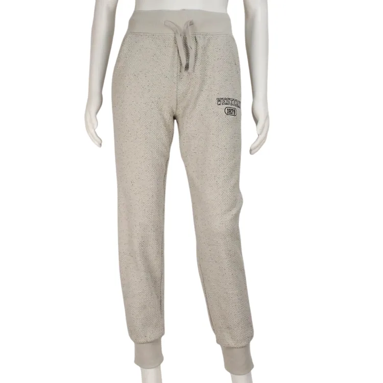 Oatmeal heather sweatpants with Western 1878 embroidered on the left leg. Cuffed pants and drawstring waist.