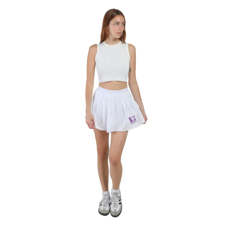 White skort with Mustang logo printed on the side.