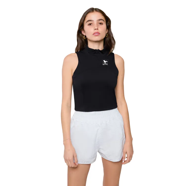 Black high neck top with zipper. Mustangs logo on left chest.