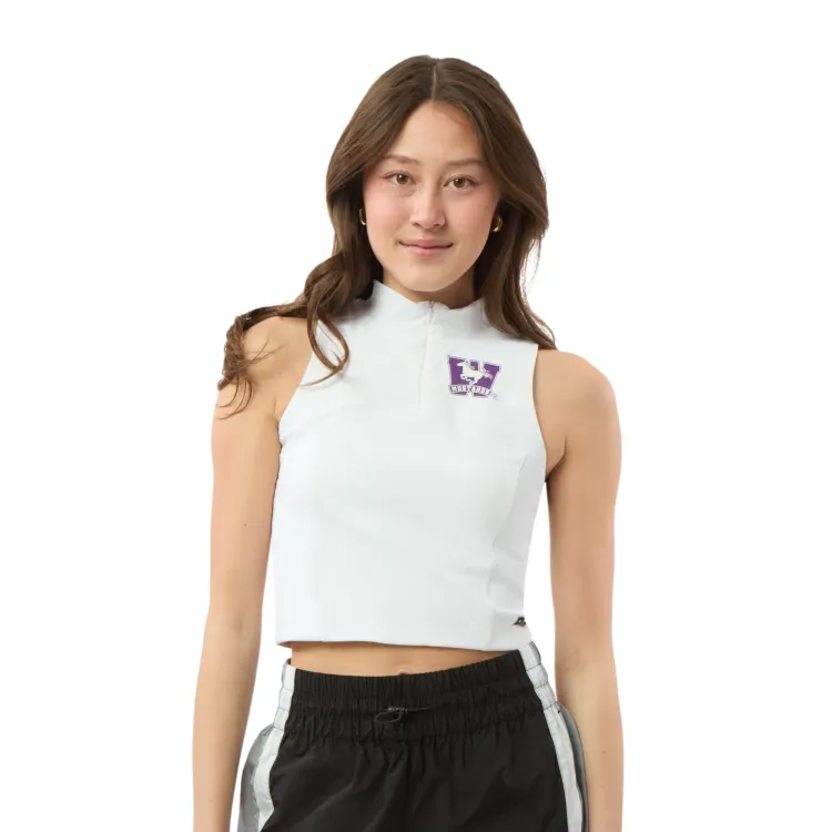 White high neck top with zipper. Mustangs logo printed on left chest.