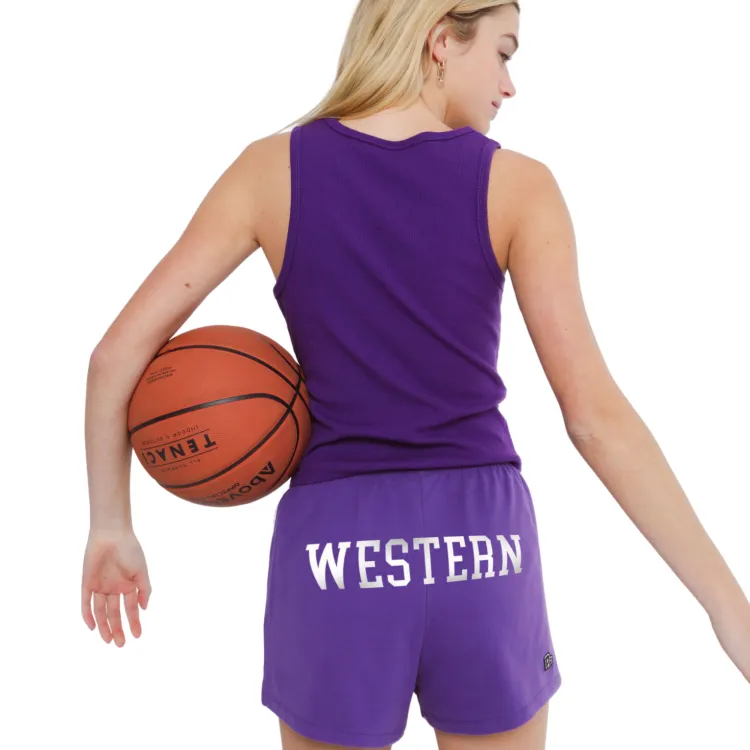 Purple gym shorts with Western printed on the back.