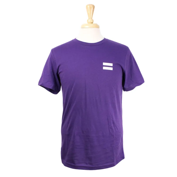 Purple tee shirt with equal sign printed on the front.
