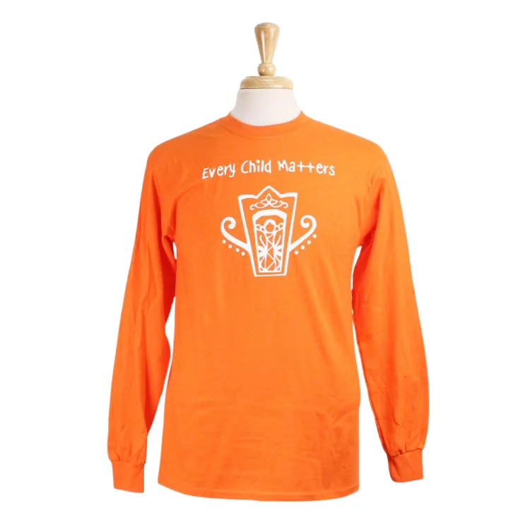 Orange long sleeve tee shirt with Every Child Matters graphic.