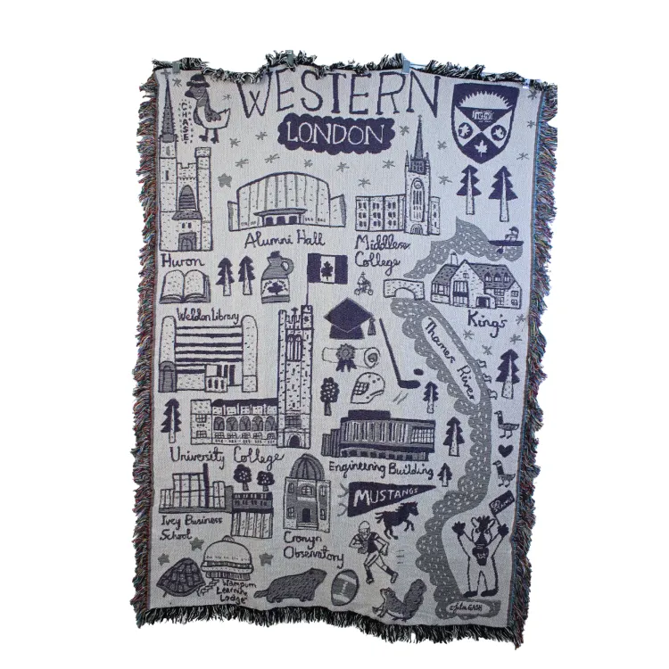Woven blanket with Julia Gash's Western campus art.