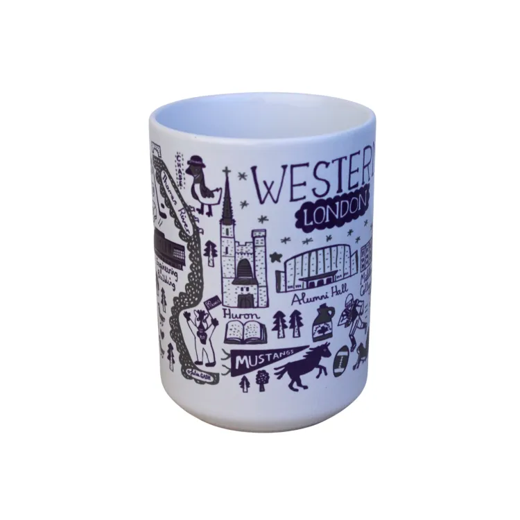 White mug with Julia Gash's Western campus art.