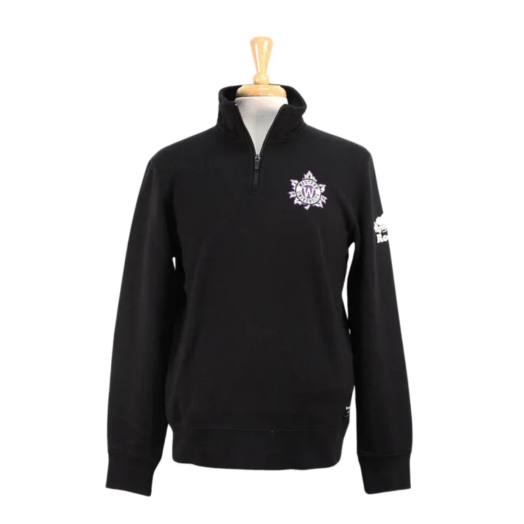 Black Roots 1/4 zip with 'Roots' logo on the left arm and embroidered western university leaf felt patch on the left chest.