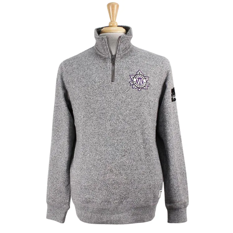 Salt and Pepper Roots 1/4 zip. Embroidered western university leaf felt patch on left chest and 'Roots' logo on left arm. 